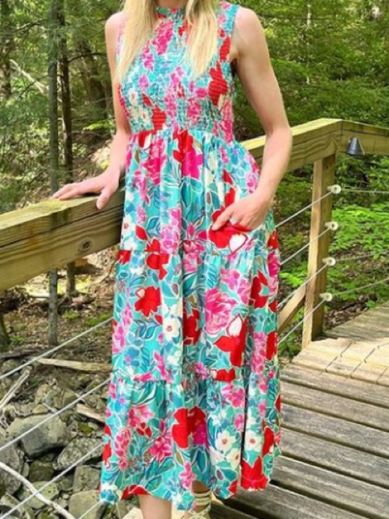 THML Dresses & Skirts - THML Sleeveless Smocked Floral Midi Dress